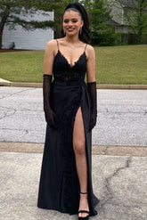 Amazing Long Black V-neck Spaghetti Straps Lace Sleeveless Prom Dress With Slit